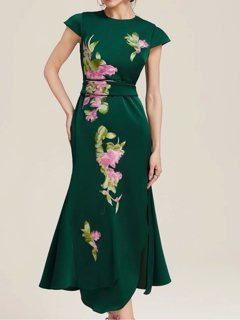 Emerald Green Floral Embroidered Midi Dress